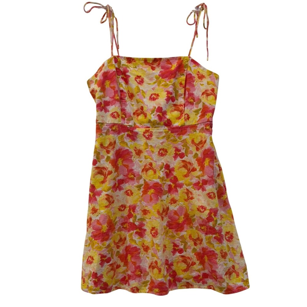 Old Navy Pink Yellow Floral Linen Blend Tie Strap Smocked Mini Dress Medium